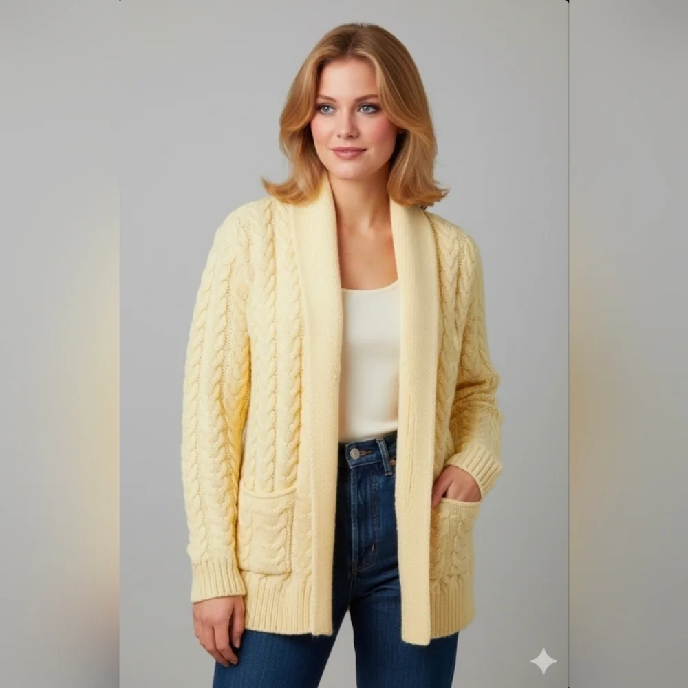 Hand Knit Women's Classic Cable Cardigan Size Small Butter Yellow